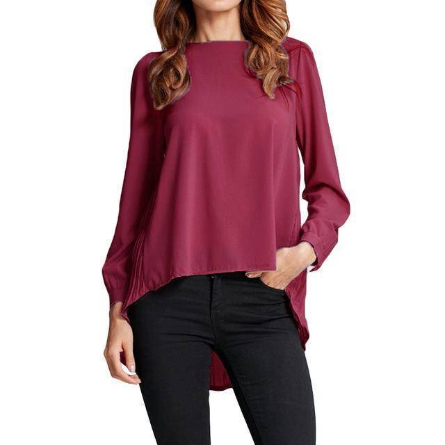 Clothing Red / S (UA 8-10) Plus Size - Chiffon Blouse Pleated Back Long Sleeve Asymmetric Loose Shirt (US 8 - 20W)