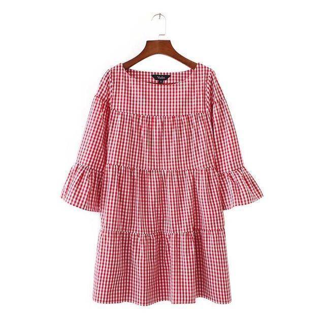 Clothing Red / S (US 10-12) Plus Size - (US 10-16W) Pleated plaid dress checkered flare sleeve