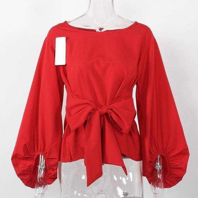 clothing Red / S (US 4-6) Chiffon Wrap Blouse Women Shirts  Lantern Long Sleeve (US 4-12)