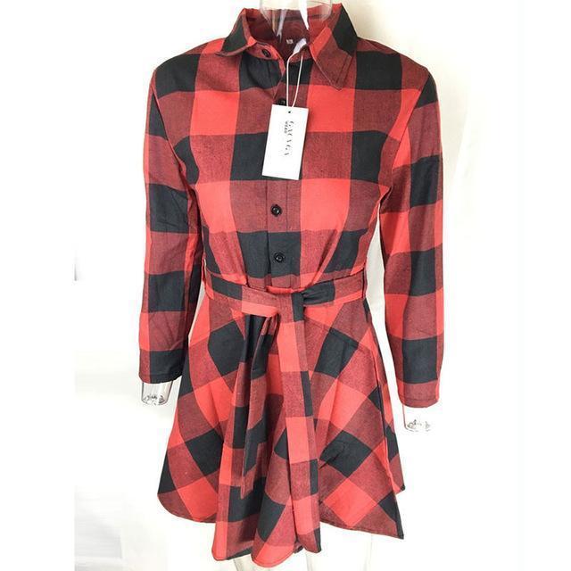 Clothing Red / S US 4-6) New Spring Autumn Dress Women Plaid Turn-down Collar Cotton Vestidos Casual Tunic Shirt Dresses Office Dress (US 4-14)