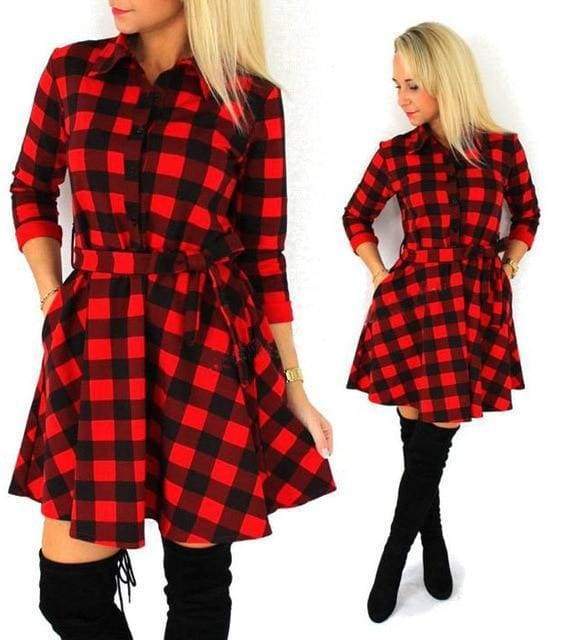 Clothing Red / S (US 4-6) Plaid Women Check print, Autumn Mini Dress (US 4-14)