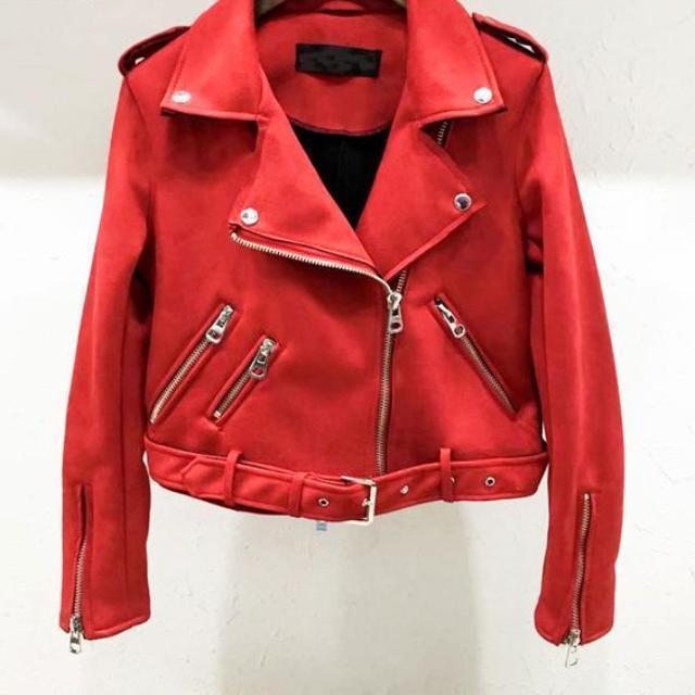 Clothing Red / S (US 4-6) Women autumn winter  Motorcycle Suede coat jacket, black khaki gray (US 4-14)