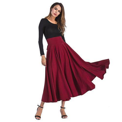 Clothing Red / S (US 6-8) Maxi Skirt vintage Retro High Waist Pleated  Long Skirts Back Bow with Belt (US 6-16)
