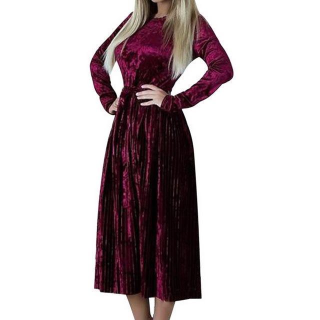 Clothing Red / S (US 8-10) Plus Size - Vintage Velvet Winter  Dress, with Waist slimming design, Knee Length Dresses  (US 8-16)