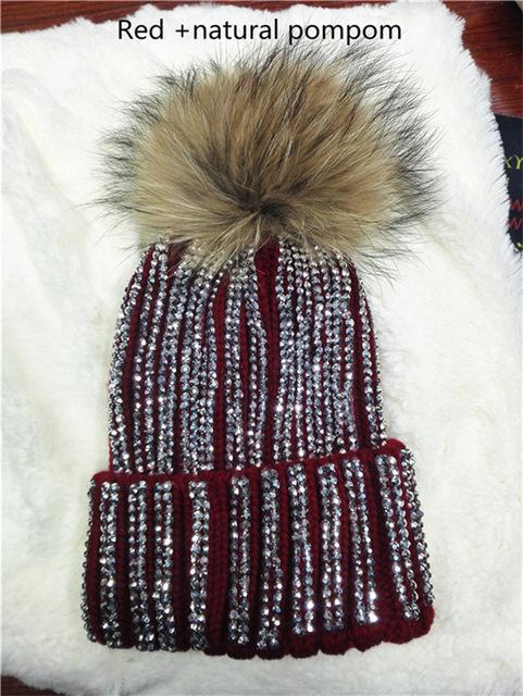 Clothing red with natural pom Removable Winter Warm Fur Pom pom Knitted bling Hats,  Skullies Beanie With 15cm Fur Ball