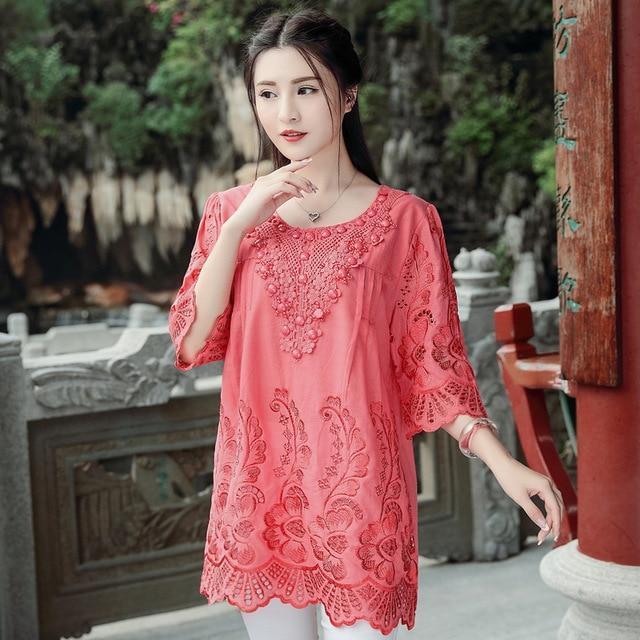 Clothing red / XL (US 14-16) summer new retro Chinese wind embroidery women blouse hollow out round neck plus size art blouse shirt top blusas 782F 30 (US 14-18W)