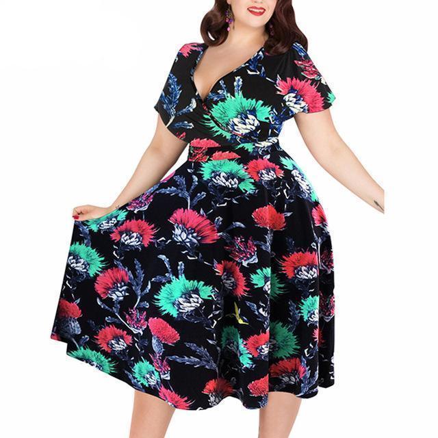 www.Nuroco.com - Plus Size - Women Sexy V-neck Short Sleeve 50s Party A-line Dress Vintage Stretchy www.Nuroco.com - Plus Size - Women Sexy V-neck Short Sleeve 50s Party A-line Dress Vintage Stretchy