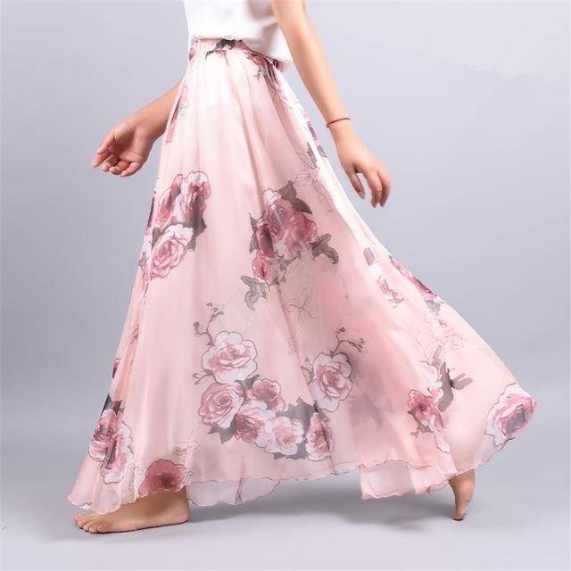 Clothing Rose Fits 20"-39" waist, Chiffon Floral Printed Boho long (Floor Length) Skirt  Fits up to (US 16)