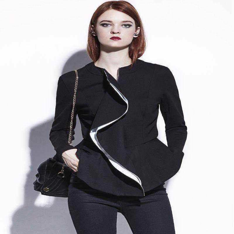 Clothing Ruffles Coat Peplum Short Slim Outerwear Gothic Black Zipper Jacket (US 4-16)