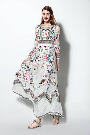 www.Nuroco.com - Runway Designer Long Gauze Floral Embroidery Dress (US 4-16) www.Nuroco.com - Runway Designer Long Gauze Floral Embroidery Dress (US 4-16)