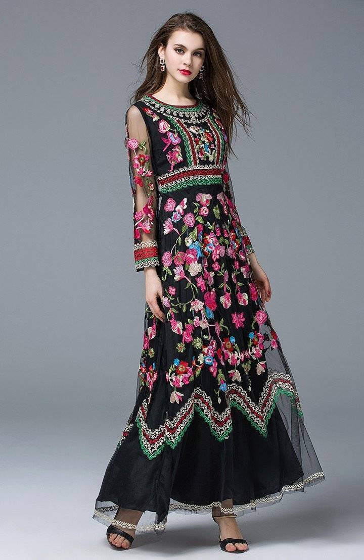 www.Nuroco.com - Runway Designer Long Gauze Floral Embroidery Dress (US 4-16) www.Nuroco.com - Runway Designer Long Gauze Floral Embroidery Dress (US 4-16)