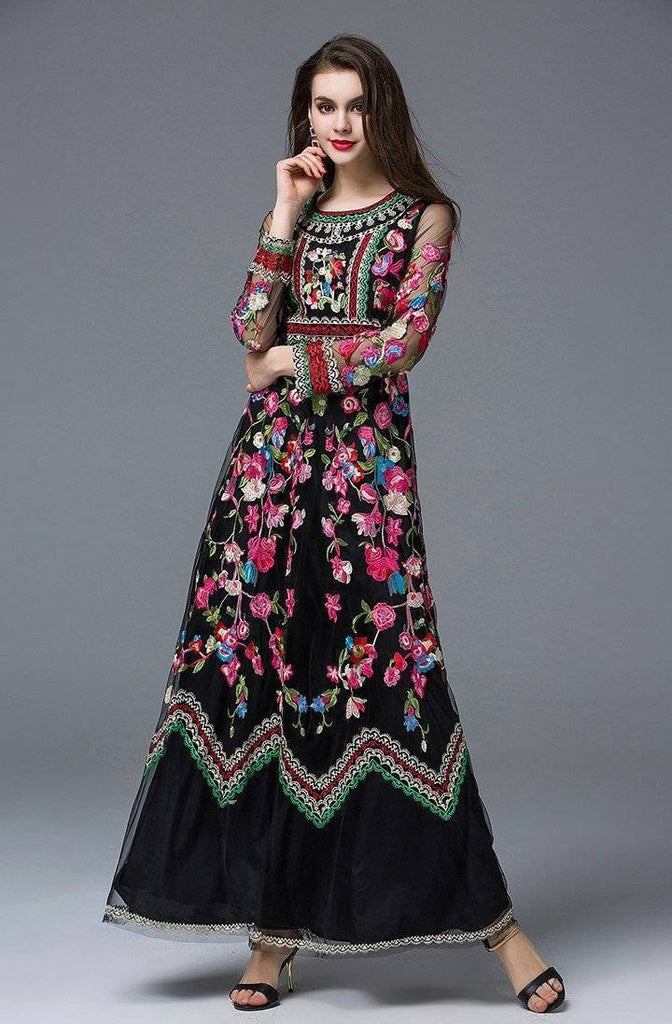 Clothing Runway Designer, Long Gauze Floral Embroidery Dress (US 4-16)