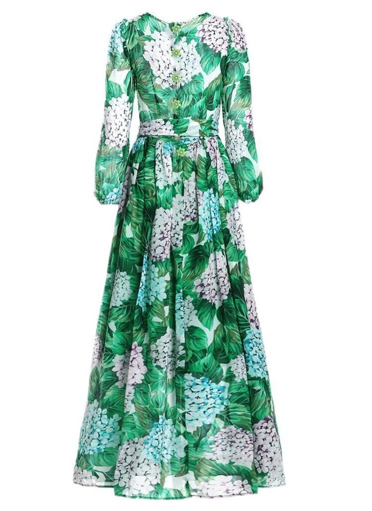 Clothing Runway Hydrangea Floral Fall Dress Women Green Leaves Flower Print Diamond Buttons Ankle-Length Pleated Chiffon Dresses (US 2-14)