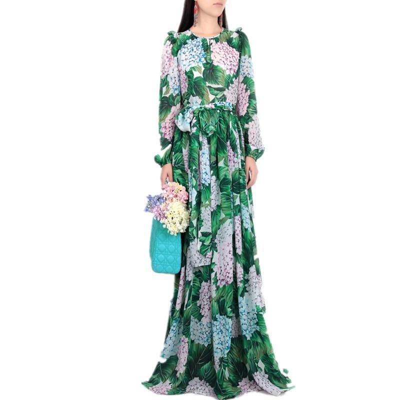 www.Nuroco.com - Runway Hydrangea Floral Fall Dress Women Green Leaves Flower Print Diamond Buttons www.Nuroco.com - Runway Hydrangea Floral Fall Dress Women Green Leaves Flower Print Diamond Buttons