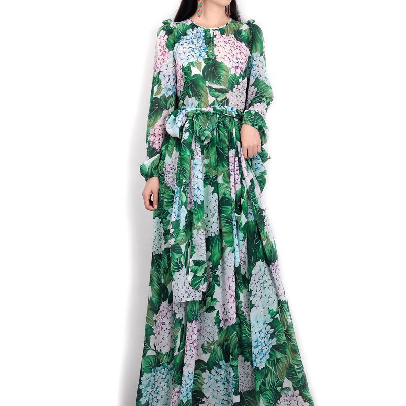 Clothing Runway Hydrangea Floral Fall Dress Women Green Leaves Flower Print Diamond Buttons Ankle-Length Pleated Chiffon Dresses (US 2-14)