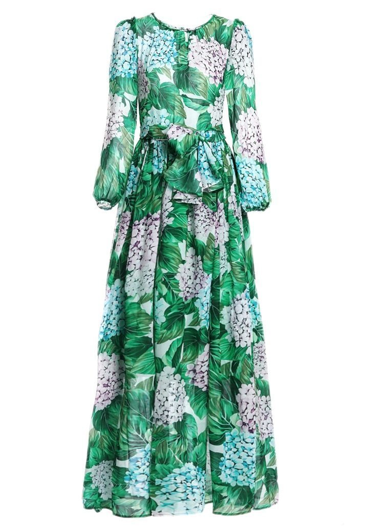 www.Nuroco.com - Runway Hydrangea Floral Fall Dress Women Green Leaves Flower Print Diamond Buttons www.Nuroco.com - Runway Hydrangea Floral Fall Dress Women Green Leaves Flower Print Diamond Buttons