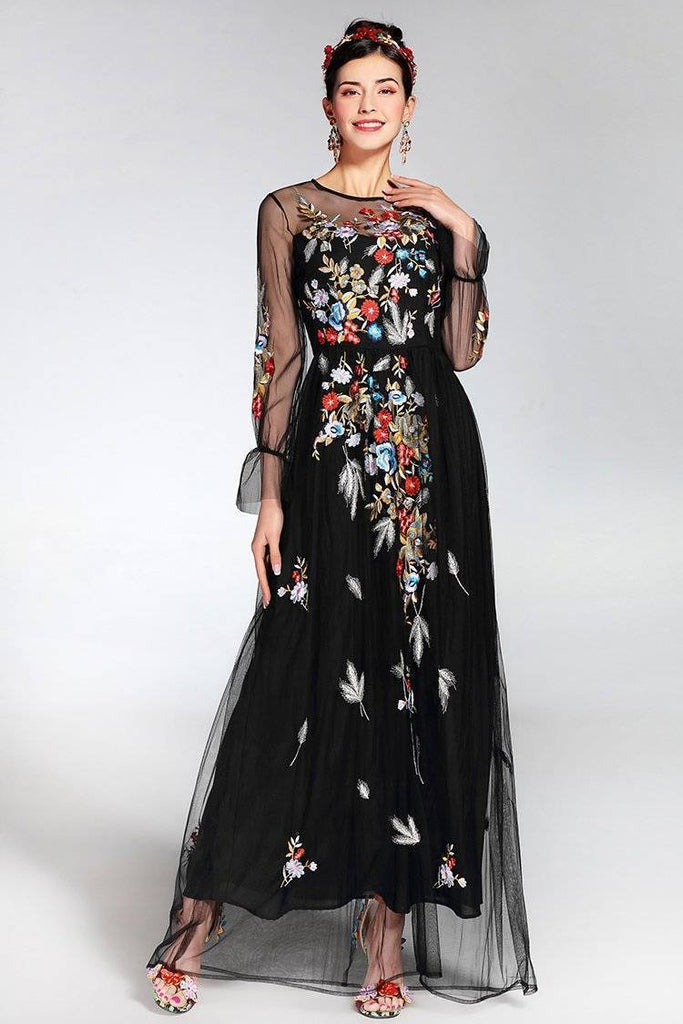 Clothing Runway Tulle Gauze Sleeves, with Floral Embroider Vintage Long Dress (US 4-16)