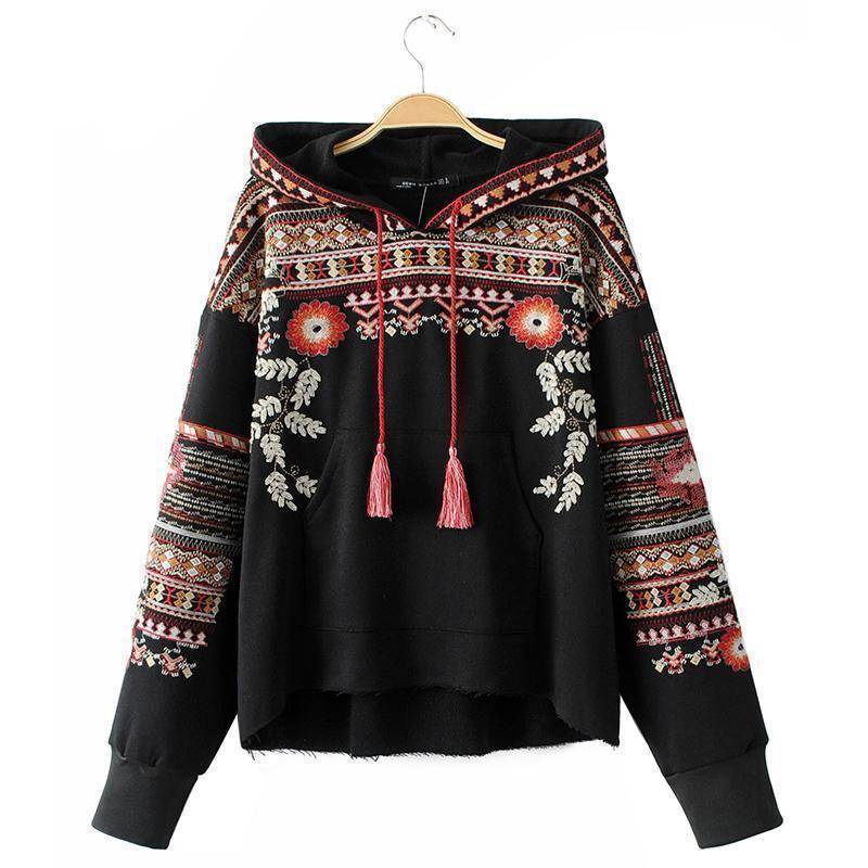 clothing S Bohemian Floral Embroidery Hoodie S-L