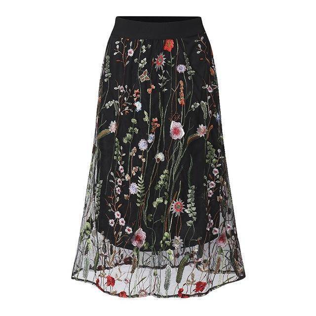 clothing S Plus Size - S-5XL Plus Size, Boho Elegant Black Floral Embroidered Mesh Overlay Midi A Line Skirts