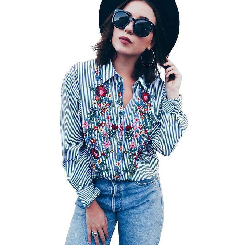 Clothing S (US 10-12) Women Floral Embroidered Casual Blouse Autumn Long Sleeve Striped Shirt Floral Tops Fashion (US 10-16W)