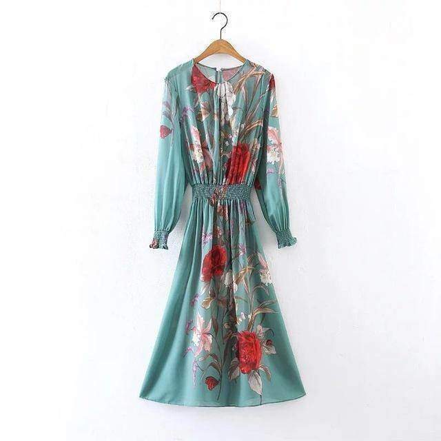 Clothing S (US 12-14) Elastic Wasit Vintage Print Floral Flower Long Sleeve Green Dress New ZA Design Casual Brief Party Evening Vestidos Streetwear (US 12-16W)