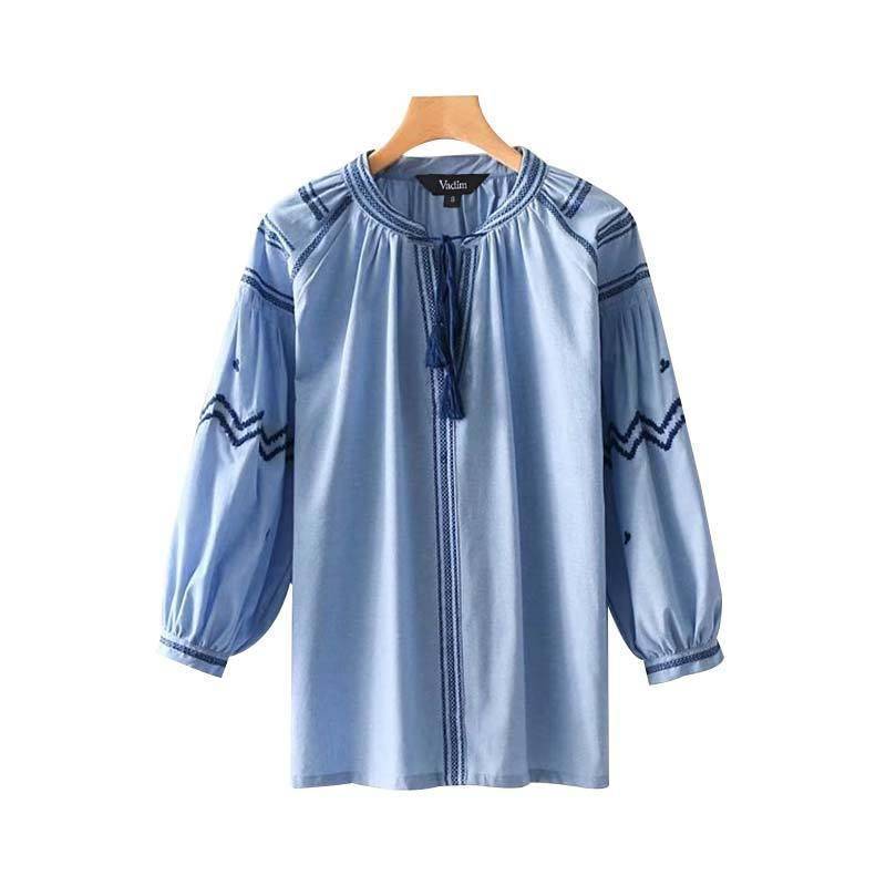 Clothing S (US 18W-20W) Plus Size - Embroidery tassel tie shirts oversized long sleeve blouse (US 18W-24W)