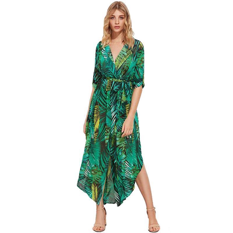 Clothing S (US 18W-20W) Plus Size  Green Chiffon Long Summer Dresses Sexy V-Neck Beach Maxi Dress Elegant Slim Floral Print Party Dresses vestidos (US 18W-26W)