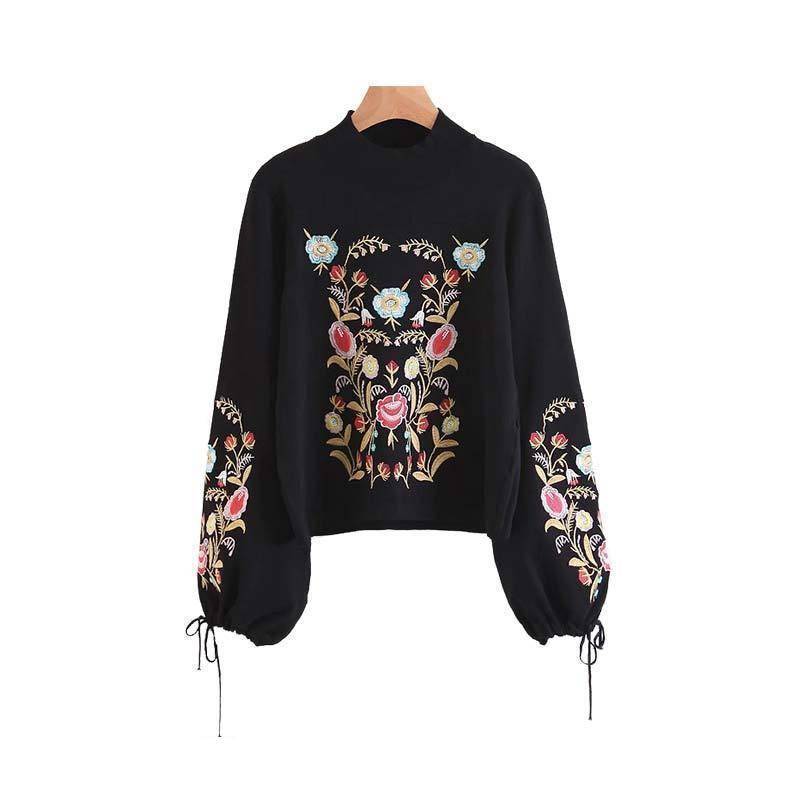 Clothing S (US 2-4) Floral embroidery bow tie sleeve black pullover (US 2-8)