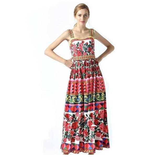 Clothing S (US 2-4) Summer Runway Spaghetti Strap Rose Flower Print Beading Long Dress (US 2-14)