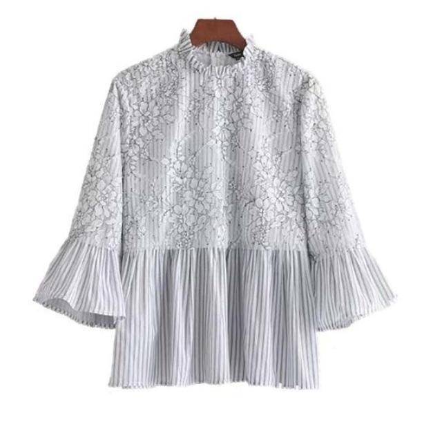 Clothing S (US 2) Sweet lace patchwork floral striped shirt flare sleeve ruffled collar blouse pleated (US 2-10)