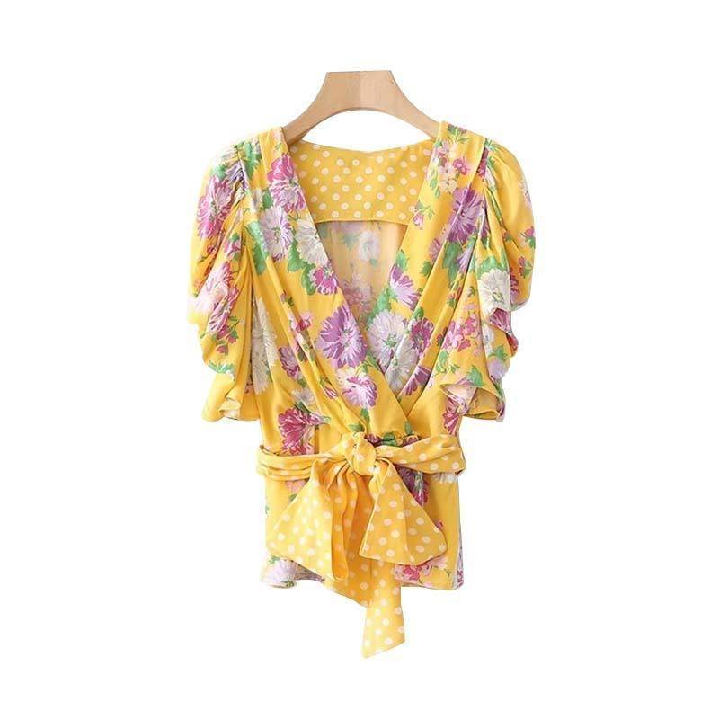Clothing S (US 2) Yellow V neck floral shirt bow tie dot belt pleated short sleeve blouse (US 2-6)