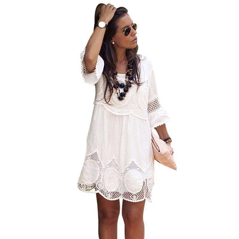 Clothing S (US 4-6) Plus Size Loose White embroidery Lace Long Shirt / Mini Dress  (US 4-28w)