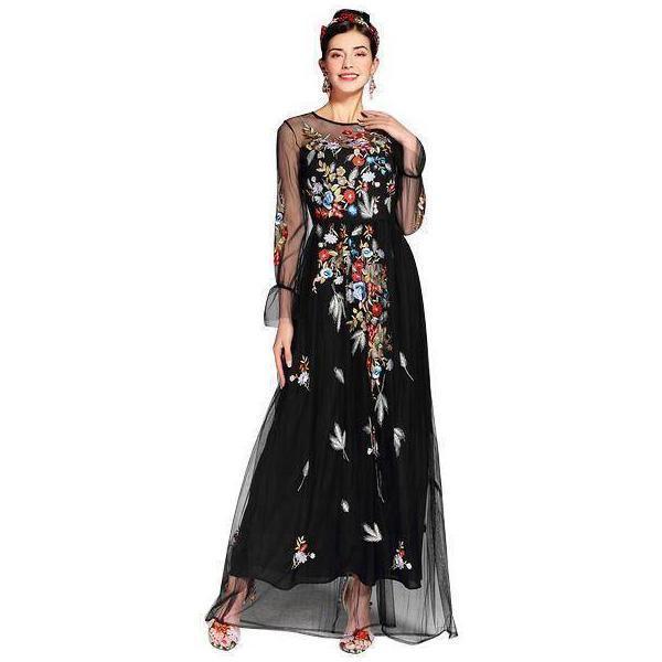 Clothing S (US 4-6) Runway Tulle Gauze Sleeves, with Floral Embroider Vintage Long Dress (US 4-16)