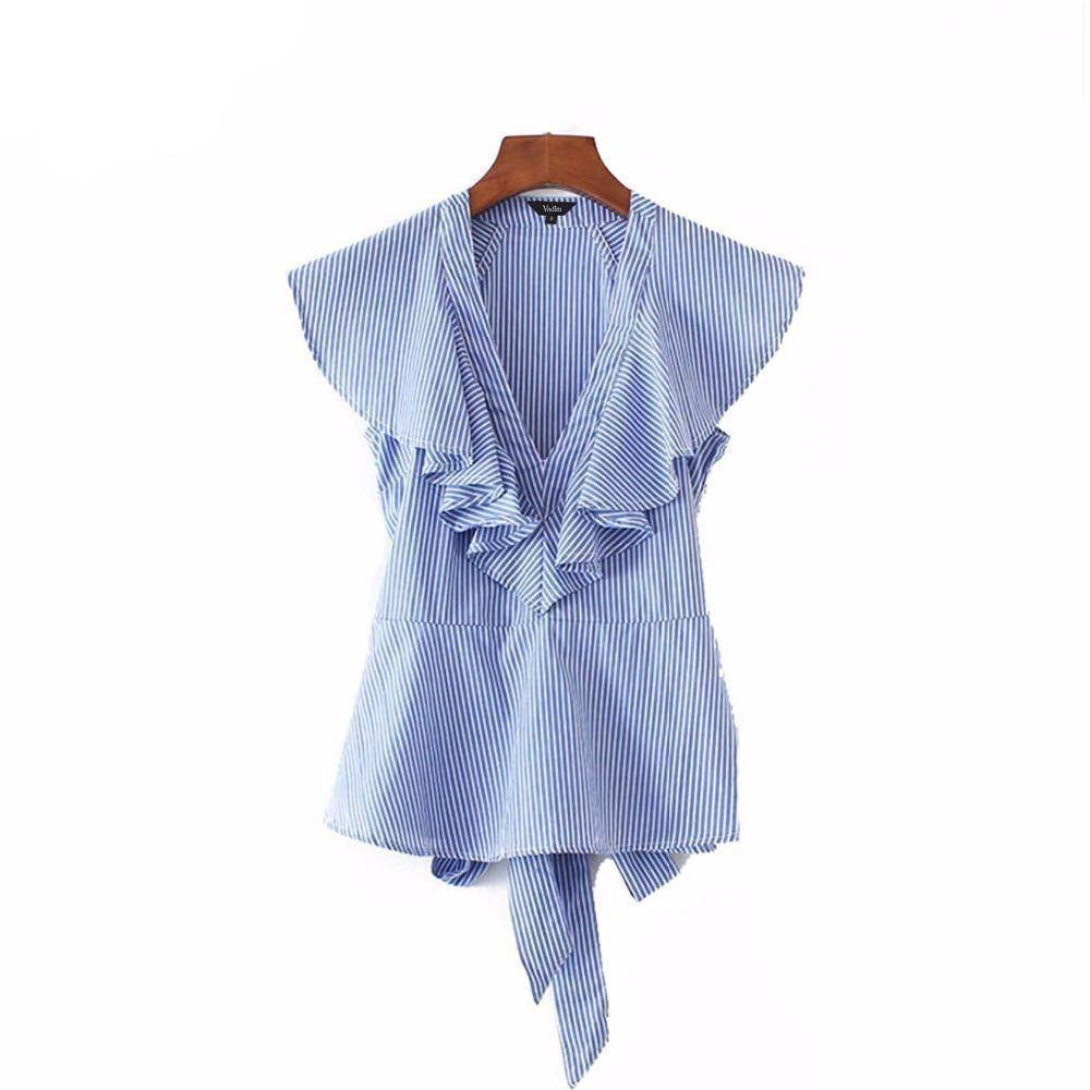 Clothing S (US 4-6) Sweet ruffles striped blue shirts sexy v-neck sashes short sleeve  (US 4-14)
