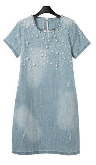 www.Nuroco.com - Plus Size - Denim Jeans Pearl Beaded Casual O Neck Long Shirt / Mini Dresses (US 4 www.Nuroco.com - Plus Size - Denim Jeans Pearl Beaded Casual O Neck Long Shirt / Mini Dresses (US 4