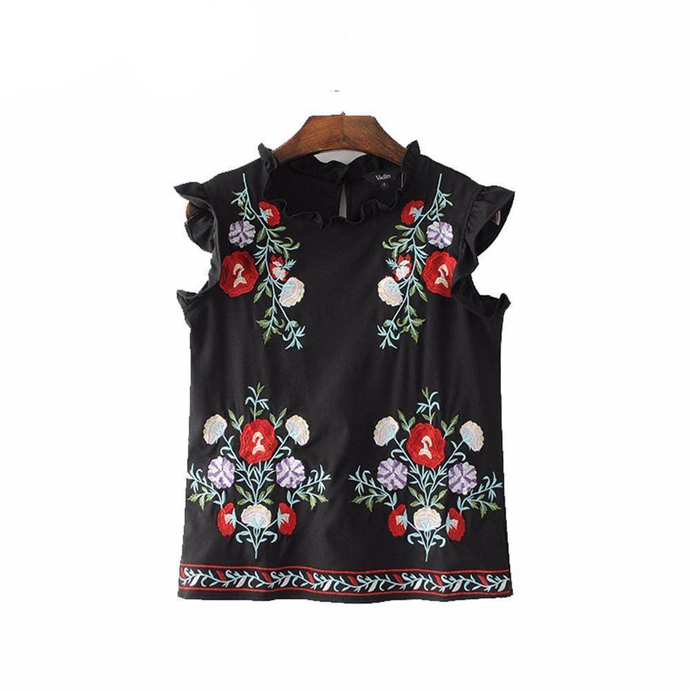 Clothing S (US 6-8) Black Sweet ruffles floral embroidery sleeveless shirts