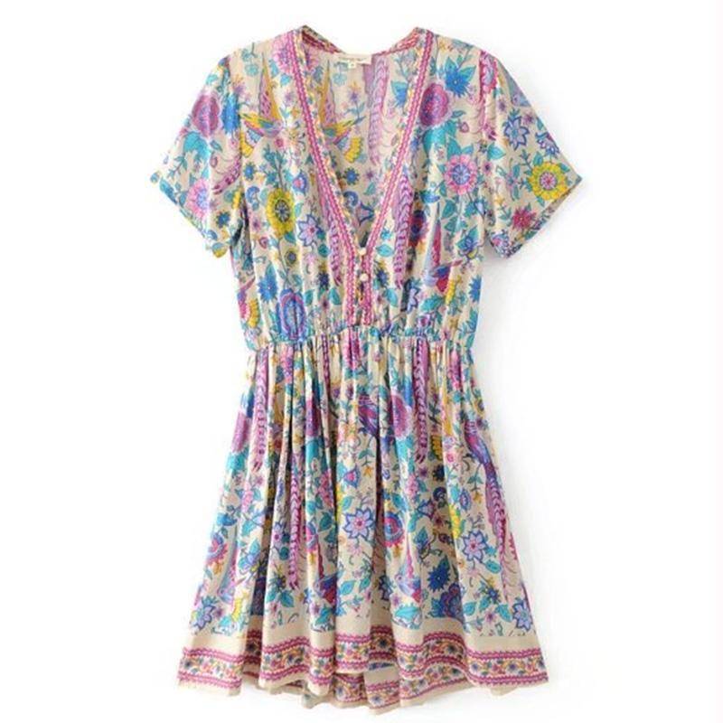 www.Nuroco.com - Vintage Birds Floral Print Mini Dress Women New Fashion V-Neck Short Sleeve Summer www.Nuroco.com - Vintage Birds Floral Print Mini Dress Women New Fashion V-Neck Short Sleeve Summer