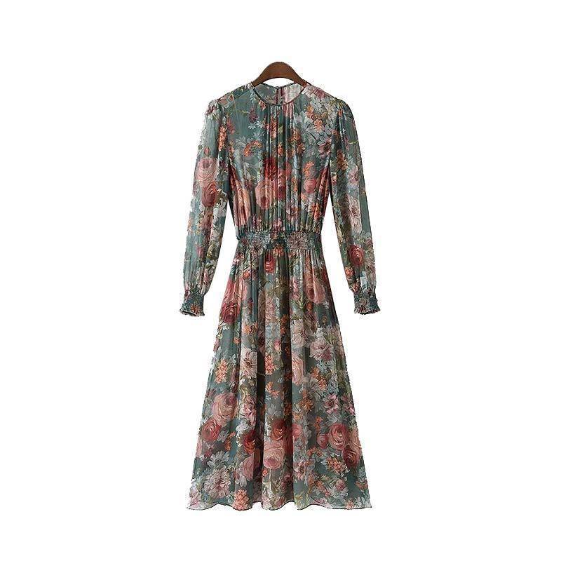 Clothing S (US 6-8) women floral chiffon dress two pieces set long sleeve elastic waist mid calf o neck casual brand dresses vestidos QZ3200 (US 6-16)