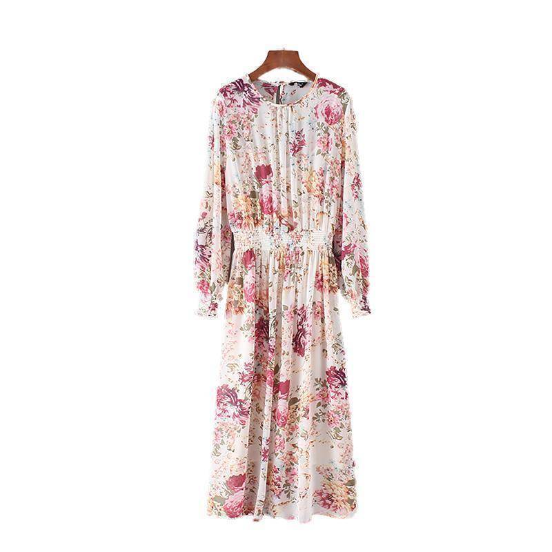 Clothing S (US 6-8) women sweet floral chiffon dress two pieces set elastic waist long sleeve ladies casual mid calf dresses vestidos QZ3049 (US 6-16)