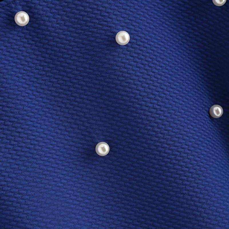 Clothing Scallop Trim Pearl Embellished Women Blouse Royal Blue Shirt Short Sleeve Cute Tops Elegant Ladies Blouse (US 6-16)