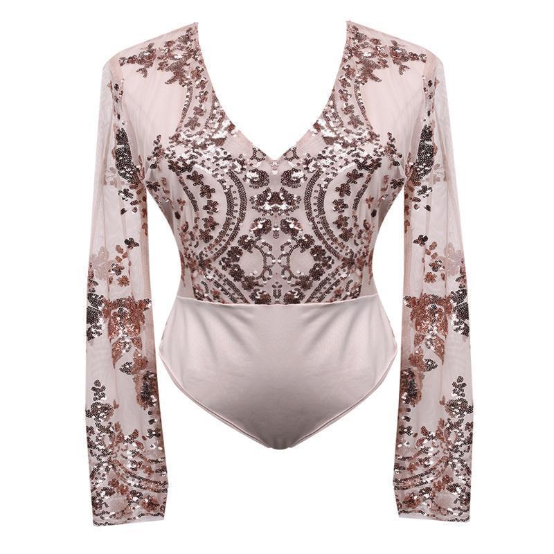 Clothing Sequins Women Sexy Leotard Top with shorts playsuit Ladies Patchowrk V Neck see through blouse long sleeve mesh top shorts (US 2-12)