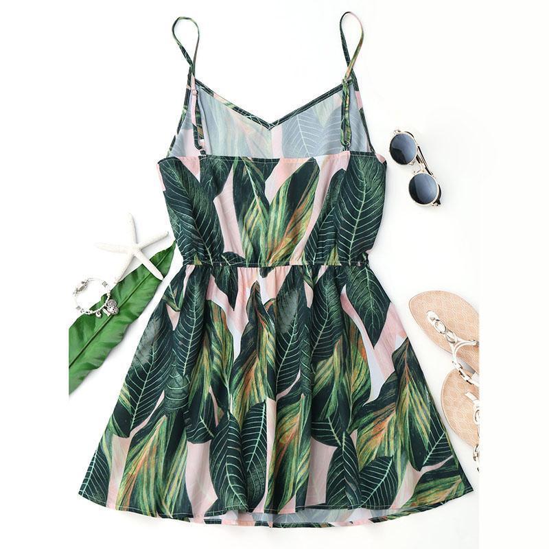 Clothing Sexy Beach Dress Women Mini Summer Dress Leaf Print Sleeveless V Neck Spaghetti Strap Elastic Waist Dress (US 4-12)