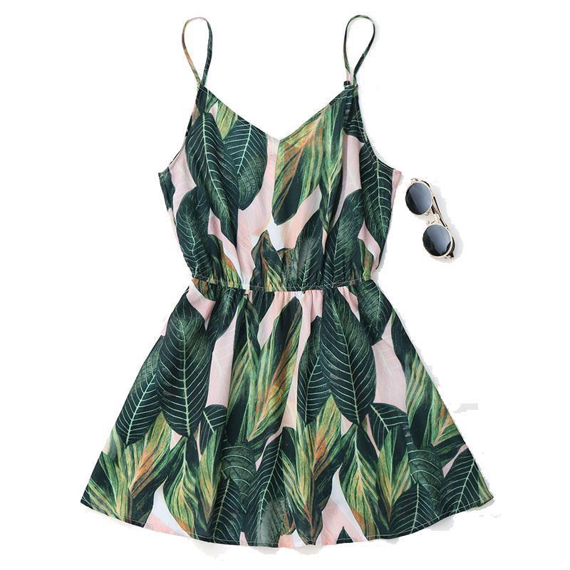 Clothing Sexy Beach Dress Women Mini Summer Dress Leaf Print Sleeveless V Neck Spaghetti Strap Elastic Waist Dress (US 4-12)
