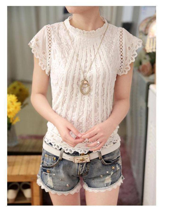 Clothing Short Petal Sleeve Floral Lace Tops  Chiffon Blouse Shirt  (US 2-16)
