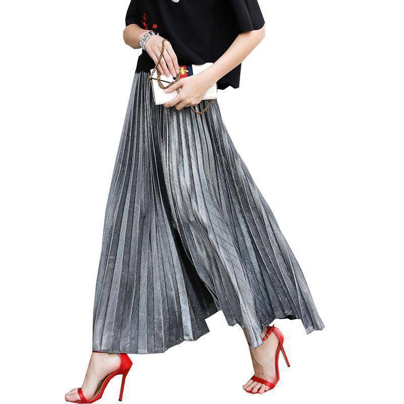 clothing silver / S (US 8-10) Metallic Long Pleated Floor length Maxi Skirt Gold or silver  (US 8-14)