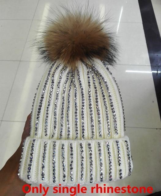 Clothing Single rhinestone Removable Winter Warm Fur Pom pom Knitted bling Hats,  Skullies Beanie With 15cm Fur Ball