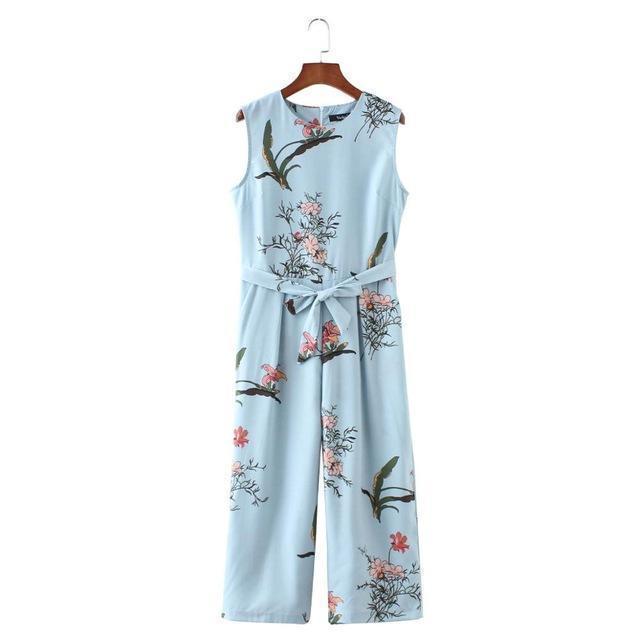 Clothing Sky Blue / S (US 4-6) Women cute crane print jumpsuit sashes pockets sleeveless pleated rompers ladies vintage casual jumpsuits KZ1016 (US 4-14)