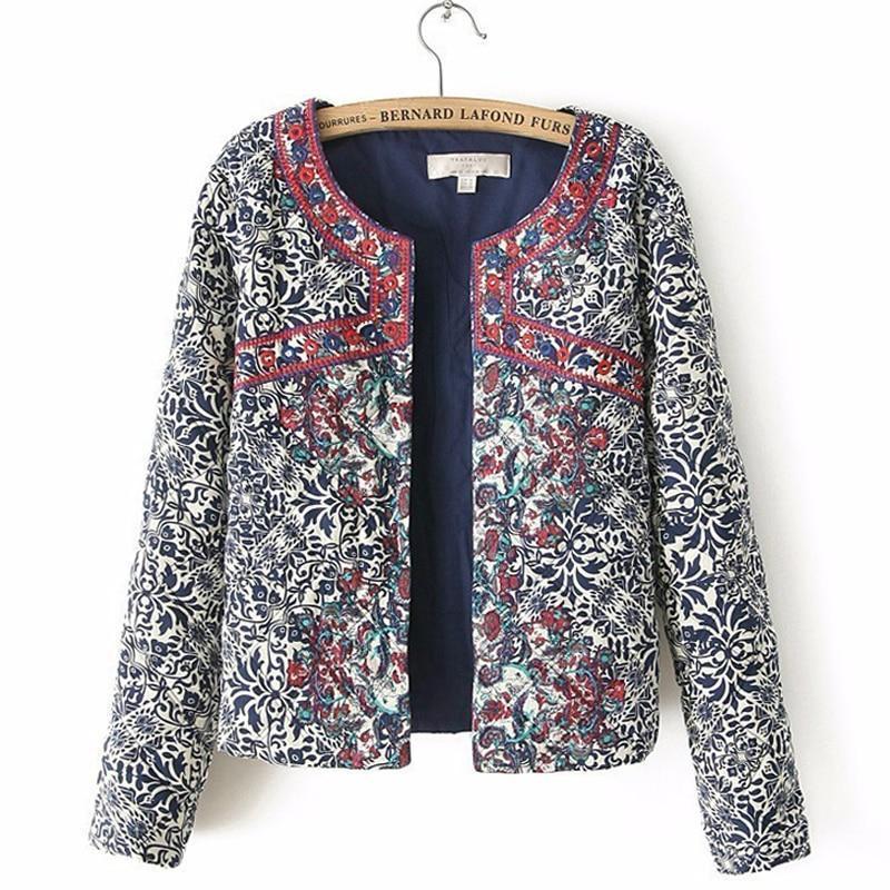 Clothing spring autumn Retro Print Blue White Round Neck Full Sleeve Jacket Female Embroidered Coat For Women Embroidery Slim tops (US 4-10)