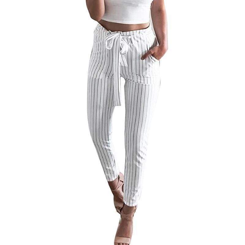 Clothing Striped Strechy Elastic High Waist Harem Pants Women Bowtie Belt Slim Long Trousers Women's Casual Capris With Pockets (US 2-16)