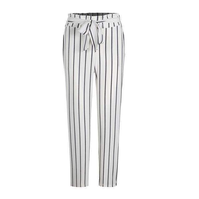 Clothing Striped Strechy Elastic High Waist Harem Pants Women Bowtie Belt Slim Long Trousers Women's Casual Capris With Pockets (US 2-16)